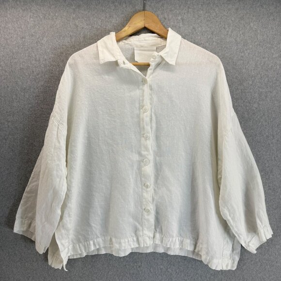 Blanque White‎ Linen Button Front Blouse Collared Size 0 / One Size Lagenlook - Picture 1 of 11
